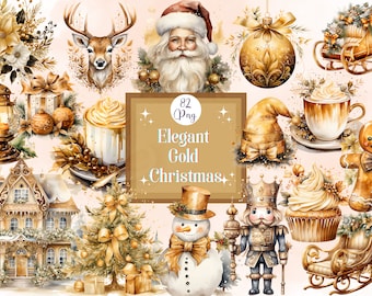 Watercolor Gold Christmas Clipart Bundle: Holiday Graphics (Digital Download)