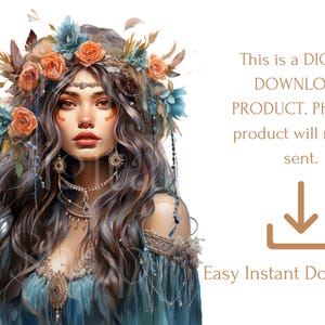 Pu&ograve; includere: Un'illustrazione digitale di una donna con lunghi capelli castani che indossa una corona di fiori. I fiori sono un mix di arancione, blu e bianco. La donna indossa un abito blu e oro. Il testo "Questo &egrave; un DOWNLOAD DIGITALE PRODOTTO. Il prodotto fisico non verr&agrave; inviato. Download istantaneo facile" &egrave; visualizzato sotto l'immagine.