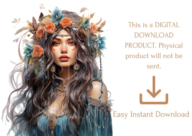 Pu&ograve; includere: Un'illustrazione digitale di una donna con lunghi capelli castani che indossa una corona di fiori. I fiori sono un mix di arancione, blu e bianco. La donna indossa un abito blu e oro. Il testo "Questo &egrave; un DOWNLOAD DIGITALE PRODOTTO. Il prodotto fisico non verr&agrave; inviato. Download istantaneo facile" &egrave; visualizzato sotto l'immagine.