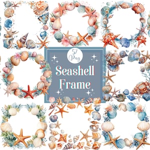 Puede incluir: 57 ilustraciones de acuarela de marcos de conchas marinas. Cada marco es un círculo hecho de conchas marinas, estrellas de mar y otros elementos con temática oceánica. Los marcos son perfectos para agregar un toque de playa a tus diseños.