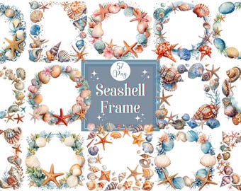 Watercolor Seashell Frame Clipart Bundle: Summer Beach Graphics (PNG)