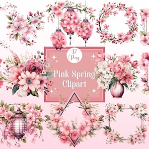 Roze lente bloemen PNG bundel aquarel lente graphics roze bruiloft bloemenframe roze bloemen graphics roze bloemkrans PNG lente 2024