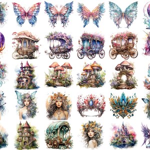 Pu&ograve; includere: Un set di 36 illustrazioni ad acquerello con temi fantasiosi e magici. Le illustrazioni includono farfalle, carrozze, unicorni, funghi, castelli, corone, fate e molto altro. Le illustrazioni sono dipinte in uno stile morbido e sognante con una variet&agrave; di colori.