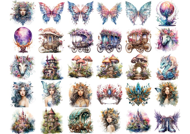 Pu&ograve; includere: Un set di 36 illustrazioni ad acquerello con temi fantasiosi e magici. Le illustrazioni includono farfalle, carrozze, unicorni, funghi, castelli, corone, fate e molto altro. Le illustrazioni sono dipinte in uno stile morbido e sognante con una variet&agrave; di colori.