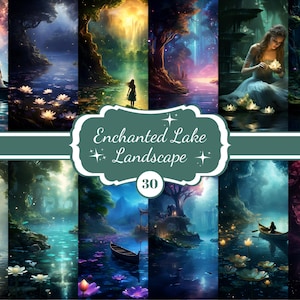 Printable Enchanted Lake Landscape Digital Papers Fantasy Lake Background Lake Life Fairytale Background For Junk Journaling Scrapbooking