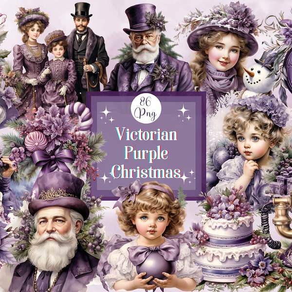 Victorian Purple Christmas Watercolor Clipart Bundle Christmas Graphics for Scrapbook Digital Planners Christmas Card Holiday Cozy Graphics