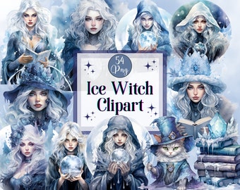 May include: A digital clipart set of 54 ice witch illustrations. The set includes images of witches with blue and white clothing, holding crystal balls, books, and other magical items. The images are set against a blue and white watercolor background.