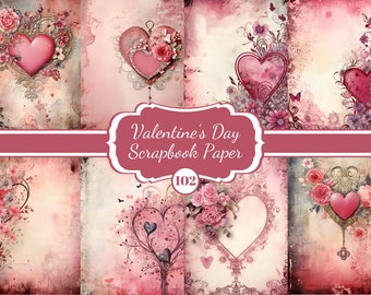 Papel de álbum de recortes de San Valentín: 102 diseños de corazones en formato JPG (descarga digital)