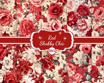 Digitalt papperspaket med rött shabby chic-motiv: Scrapbook med vintagerosor (105 JPG-filer) (digital nedladdning)