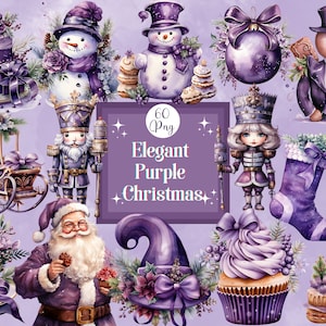 Watercolor Purple Christmas Clipart Bundle Christmas Graphics for Scrapbook and Digital Planner Christmas Card Holiday Cozy Graphics