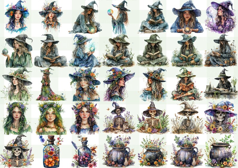 Watercolor Spring Witch Clipart Bundle: Herbal Witch PNG Graphics ...