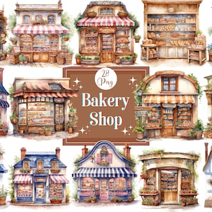 Aquarel bakkerij winkel clipartbundel banketbakkerij illustratie schattige bakkerij etalage bakkerij scène voor papier ambacht kaarten maken rommeldagboek