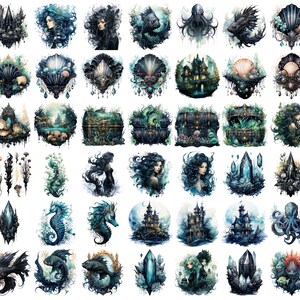 May include: A collection of watercolor illustrations featuring fantasy and aquatic themes. The images include mermaids, castles, sea creatures, and ornate treasure chests in shades of blue, green, and black. The artwork has a mystical and ethereal quality.