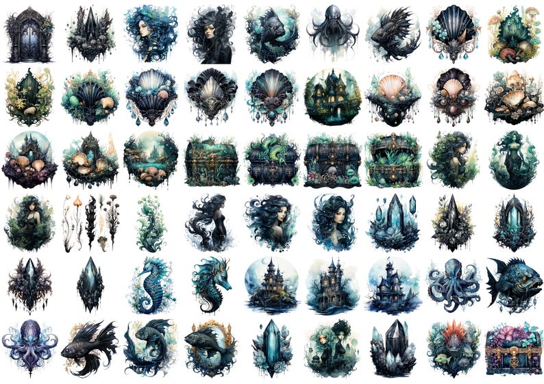 May include: A collection of watercolor illustrations featuring fantasy and aquatic themes. The images include mermaids, castles, sea creatures, and ornate treasure chests in shades of blue, green, and black. The artwork has a mystical and ethereal quality.