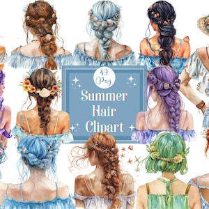 水彩画の夏の女の子の髪のクリップアート カラーの髪のクリップアート 女性のヘアスタイルの女の子のクリップアート ペーパークラフト スクラップブッキング ジャンクジャーナル デジタルプランナー