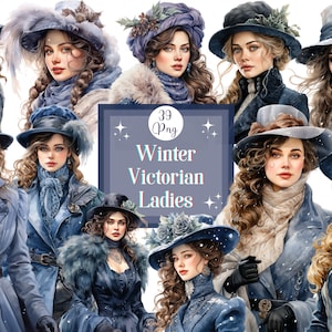 Winter Victoriaanse damesmode clipart bundel Victoriaanse esthetische vrouwelijke portret Winter mode kunst mooie dames Victoriaanse mode PNG