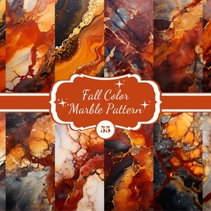 May include: A digital paper pack with 10 seamless patterns featuring abstract marble designs in shades of orange, brown, and gold. The patterns are perfect for creating backgrounds, scrapbooking, and other craft projects.  Fall Color Marble Pattern 55.