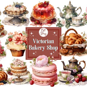 Victoriaanse bakkerij winkel clipart megabundel vintage bakkerijproducten Victoriaans café bakkerij etalages bakken PNG papier ambachtelijke junk Journal