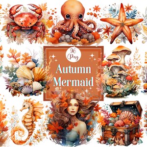 Aquarell Herbst Meerjungfrau Clipart Bundle Unterwasser Szene Kinder Fantasy Png Für Herbst Saison Papier Handwerk Scrapbooking Junk Journaling