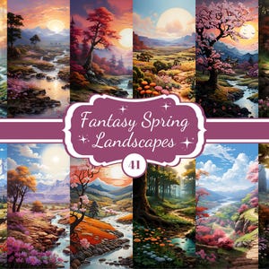 Printable Fantasy Spring Landscapes Digital Papers Enchanted Spring Forest Background Digital Artwork Pack For Paper Craft Junk Journaling