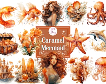 Watercolor Mermaid Clipart Bundle: Caramel Sea Life Graphics (149 PNG Files) (Digital Download