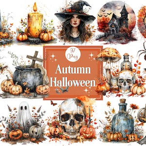水彩画の秋のハロウィン クリップアート バンドル 秋をテーマにしたハロウィン PNG バンドル ハロウィン メガ クリップアート パック スクラップブック ジャンク ジャーナル ペーパー クラフト