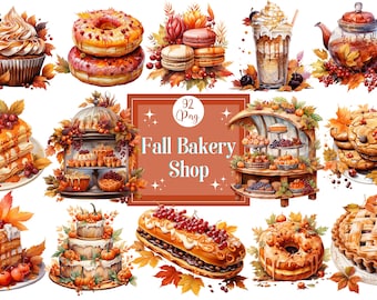 Paquete de imágenes prediseñadas de acuarela de pastelería otoñal: Gráficos de postres de otoño (92 PNG)