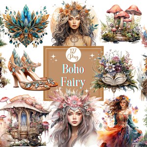 Clipart di fata boho acquerello Mega Bundle grafica di fata primaverile floreale PNG arte eterea clipart di fata per artigianato di carta diario spazzatura immagine 1