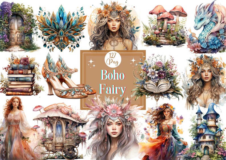 Clipart di fata boho acquerello Mega Bundle grafica di fata primaverile floreale PNG arte eterea clipart di fata per artigianato di carta diario spazzatura immagine 1