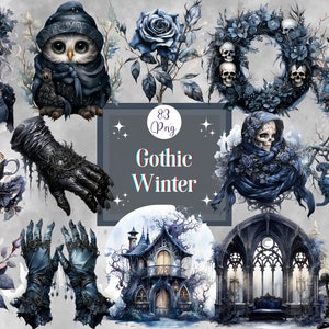 Puede incluir: Una colección de 83 ilustraciones digitales con temática de invierno gótico. Las ilustraciones incluyen una mujer con cabello negro largo, un búho, una rosa, una calavera, una linterna, un trono, una taza de té, un guante y una casa gótica.
