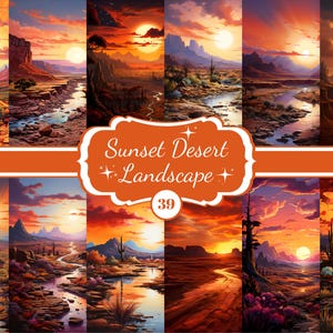May include: A digital collage of 9 sunset desert landscape images. Each image features a different view of a desert landscape with a stream running through it. The sky is a vibrant orange and pink, and the sun is setting in the distance. The images are arranged in a grid pattern, and the text "Sunset Desert Landscape 39" is displayed in the center.