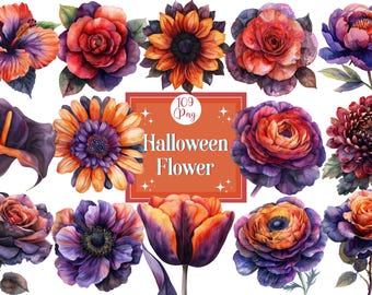 Halloween Flowers Clipart, Dark Floral Watercolor Autumn Flowers, Gothic Fall Bouquet Halloween Aesthetic Botanical Clipart Digital Download