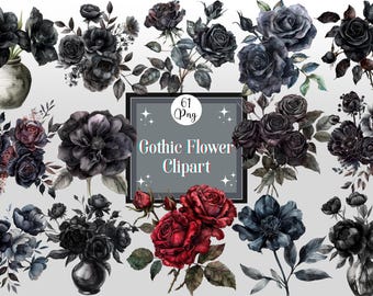 Watercolor Gothic Flower Clipart: Dark Floral PNG Bundle (61 Files)