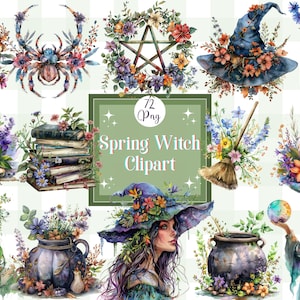 Watercolor Spring Witch Clipart Bundle: Herbal Witch PNG Graphics (Commercial Use)