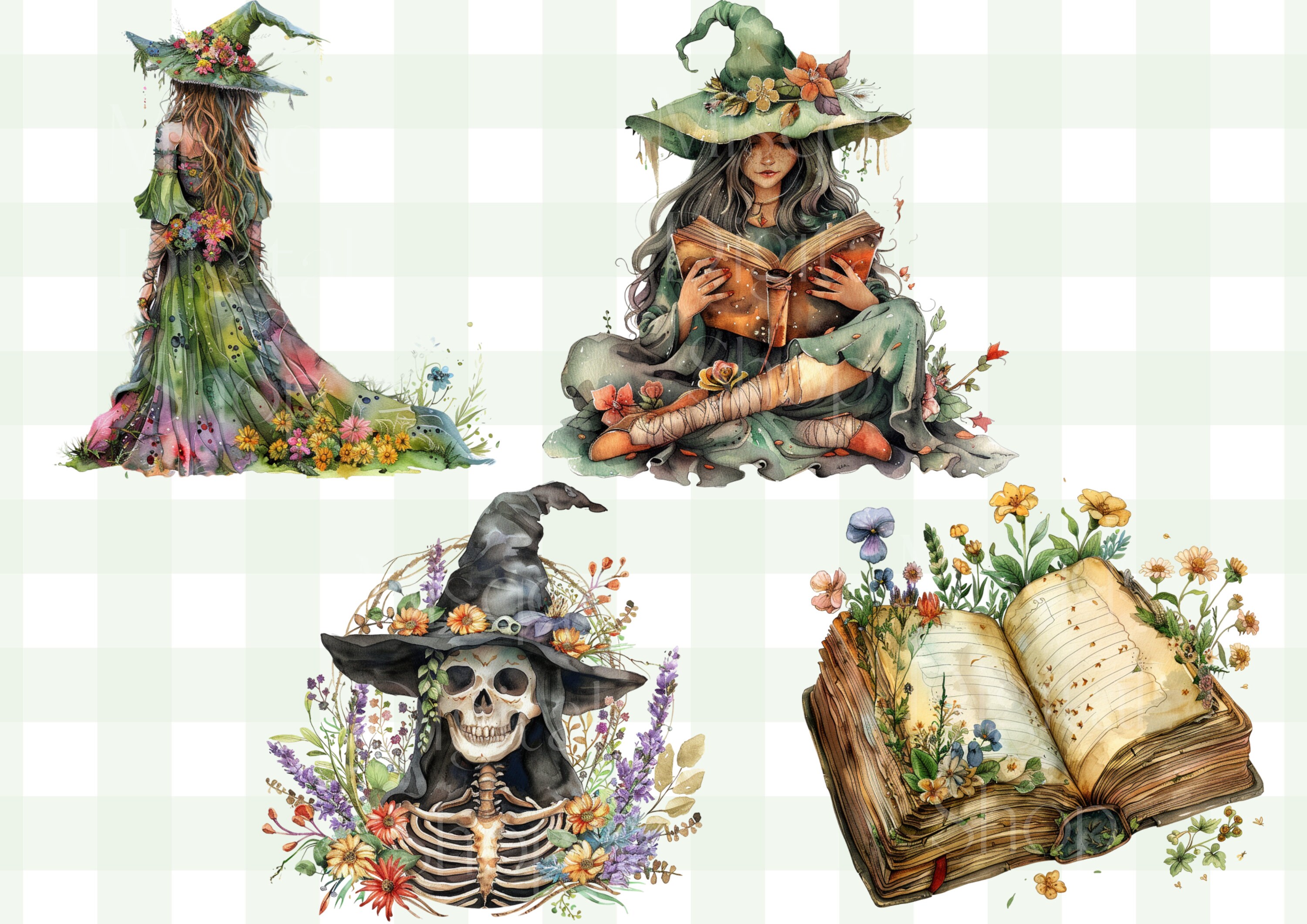 Watercolor Spring Witch Clipart Bundle: Herbal Witch PNG Graphics ...