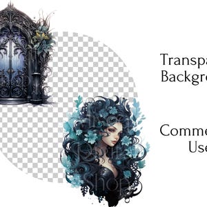 May include: Digital art featuring a gothic archway with ornate details and a woman with long, dark hair adorned with blue flowers. The text reads "Transparent Background" and "Commercial Use".