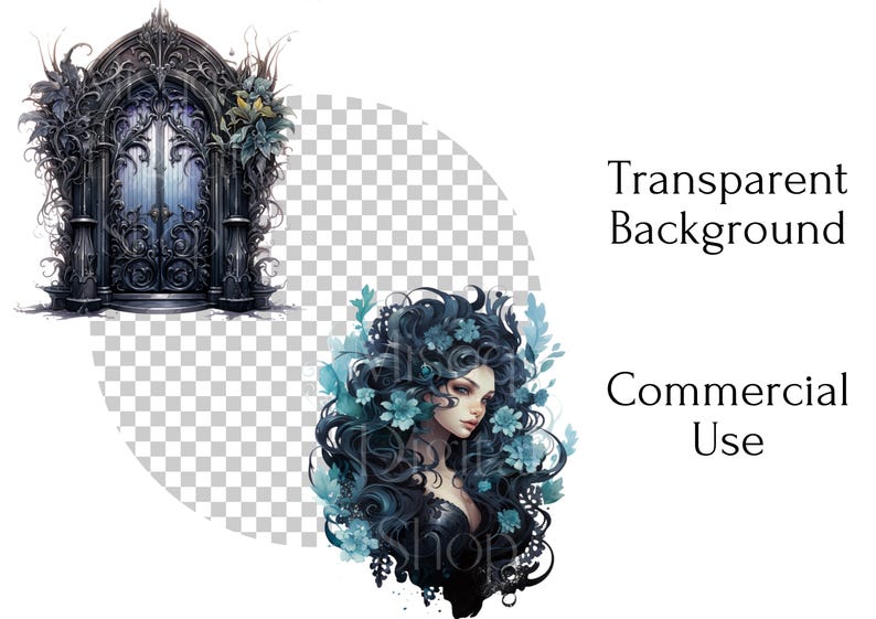 May include: Digital art featuring a gothic archway with ornate details and a woman with long, dark hair adorned with blue flowers. The text reads "Transparent Background" and "Commercial Use".