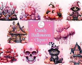 Clipart di Halloween di caramelle ad acquerello per invito a una festa di Halloween, grafica di Halloween carina Illustrazioni di Halloween rosa carine Clip art Bundle