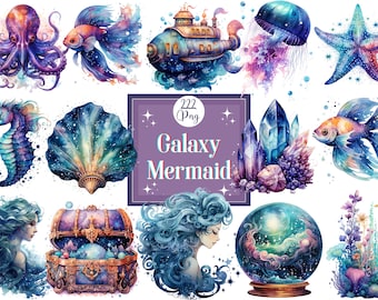 Watercolor Galaxy Mermaid Clipart: 222 PNG Cosmic Illustrations (Digital Download)