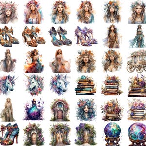 Pu&ograve; includere: Una collezione di 36 illustrazioni digitali che presentano figure capricciose di fate, creature magiche e oggetti fantastici. Le illustrazioni sono in stile acquerello e presentano una variet&agrave; di colori, tra cui rosa, blu, verde e viola.