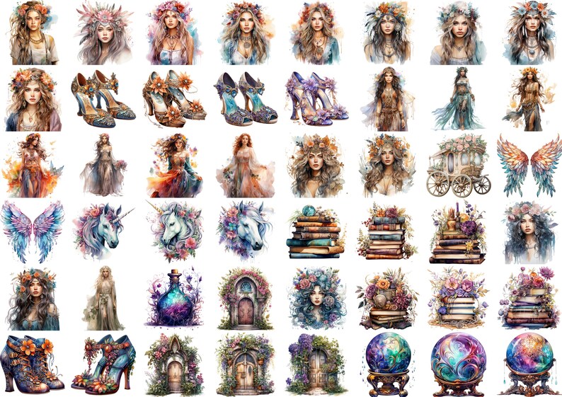 Pu&ograve; includere: Una collezione di 36 illustrazioni digitali che presentano figure capricciose di fate, creature magiche e oggetti fantastici. Le illustrazioni sono in stile acquerello e presentano una variet&agrave; di colori, tra cui rosa, blu, verde e viola.