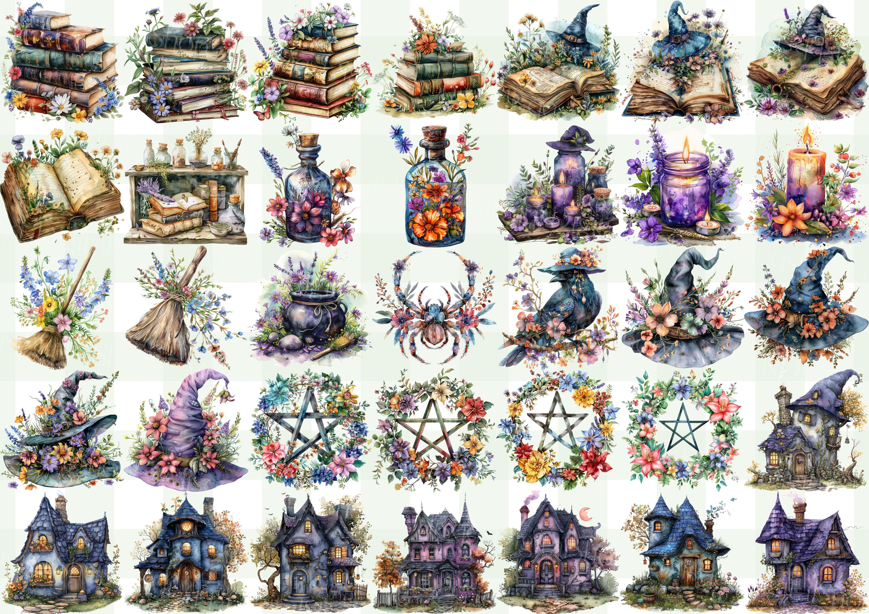 Watercolor Spring Witch Clipart Bundle: Herbal Witch PNG Graphics ...