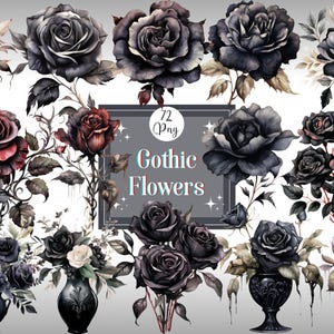 72 Png Watercolor Gothic Flower Clipart Bundle Dark Roses Png Floral Halloween Garden Botanical Halloween Flowers Scrapbooking Junk Journal