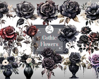 Watercolor Gothic Roses Clipart: Dark Floral PNG Bundle