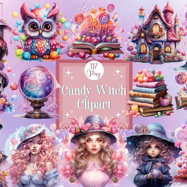 Aquarell Candy Witch Clipart Bundle für digitale Planner Sticker, Witchy Sticker Sheet, Witchcraft Png Design Halloween Witch Sticker Pack