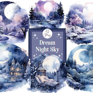 Starry Night Sky Watercolor Clipart Bundle: Dreamy PNG Stickers (Digital Download)
