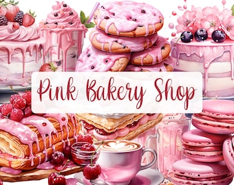 May include: Pink bakery shop sign with a variety of pink pastries, cakes, and macarons. The pastries include a pink cake with white frosting and pink icing, a stack of pink cookies with white frosting, a pink pastry with a cherry on top, and a pink macaron tower.