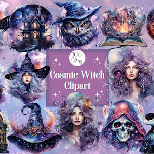 Watercolor Cosmic Witch Clipart Bundle for Digital Planner Stickers, Witchy Sticker Sheet Witchcraft Png Design Halloween Witch Sticker Pack