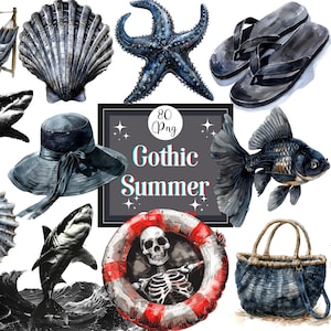 Watercolor Gothic Summer Clipart Bundle: Creepy Beach PNG (80 Files)