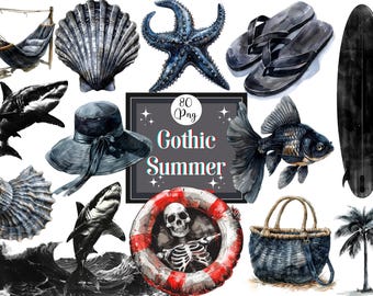 Watercolor Gothic Summer Clipart Bundle: Creepy Beach PNG (80 Files)